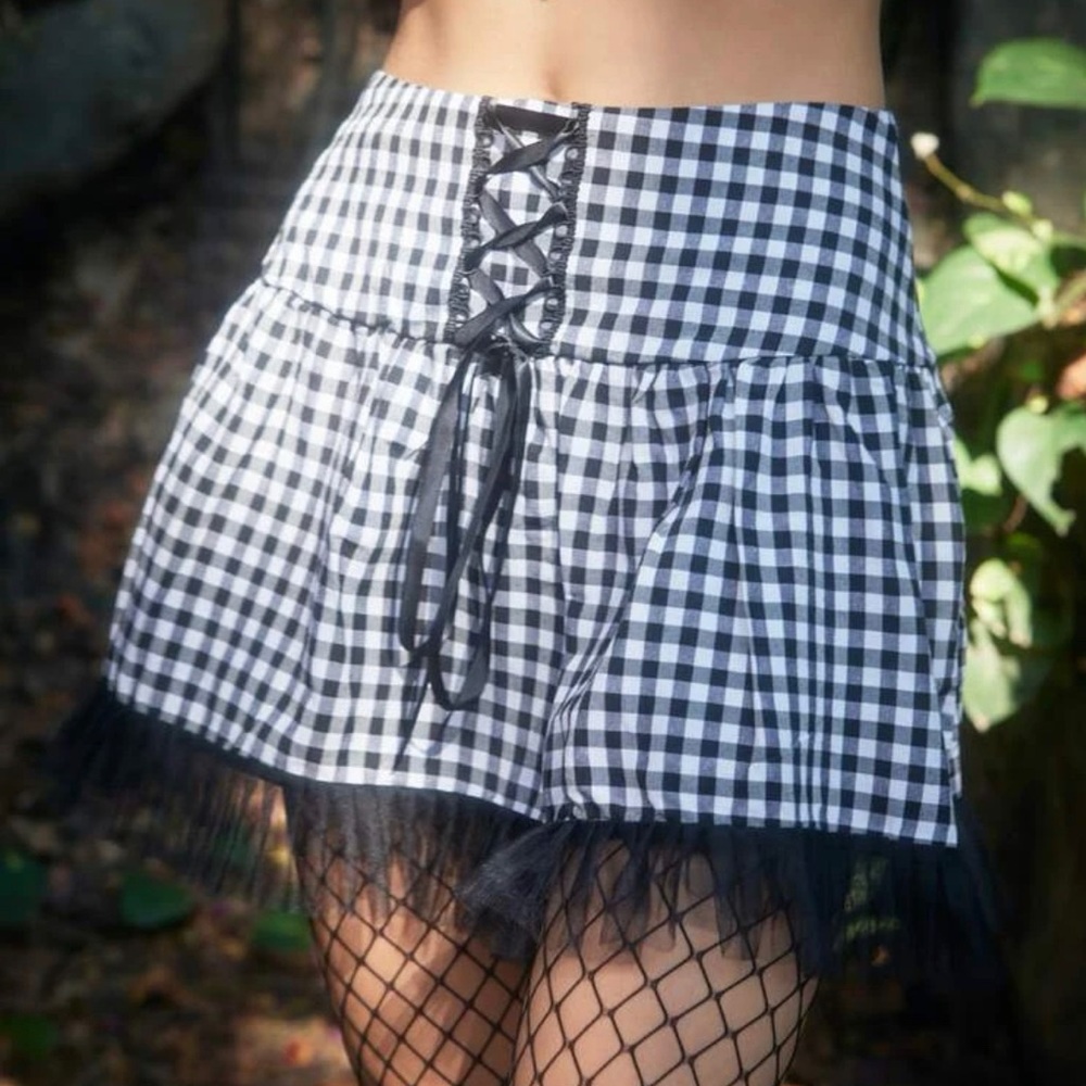 Checked Mesh Lace up Skirt | Size: S